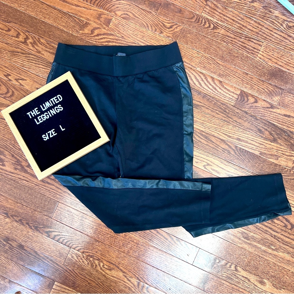 The Limited black pull on leggings with leather piping down both sides size L